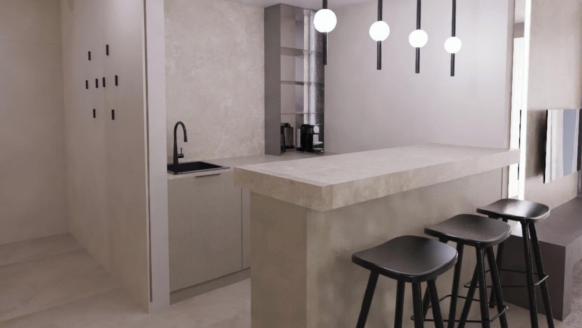 A modern kitchen with a central island, black bar stools, and pendant lighting.