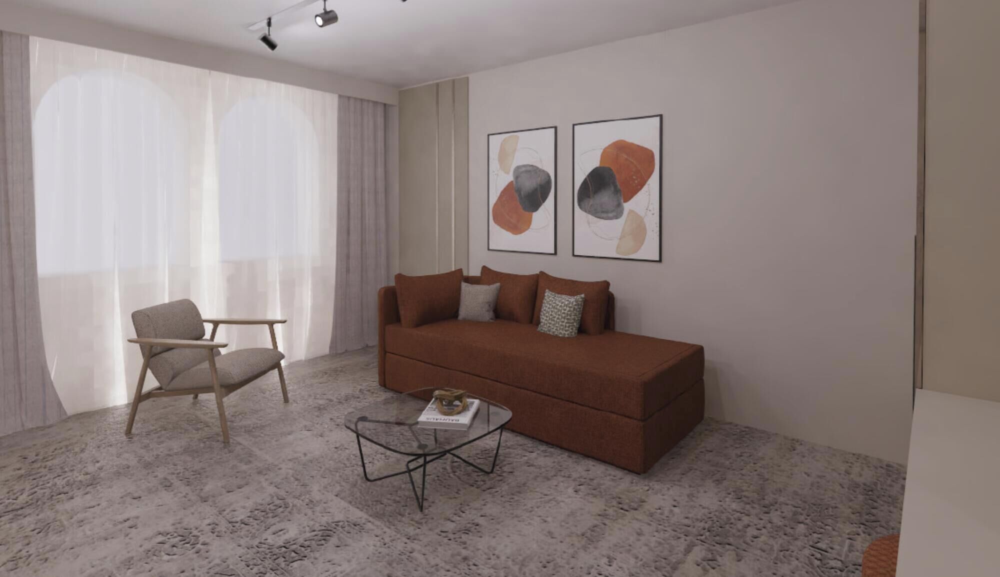 Een moderne woonkamer met een bruine bank, een houten stoel en een glazen salontafel.