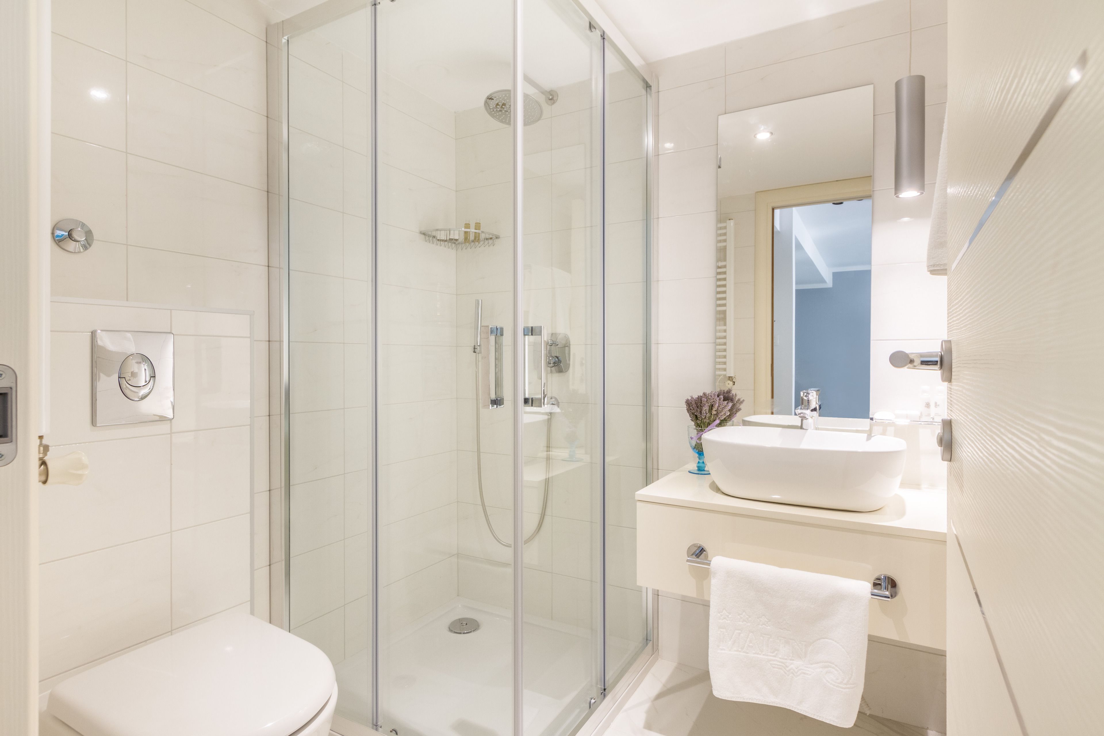 A modern bathroom with a glass-enclosed shower, a white sink, and a toilet.