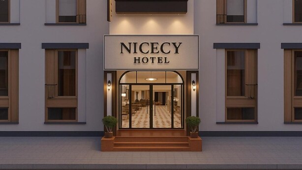 Fachada moderna de un hotel con un letrero que dice "NICECY HOTEL".