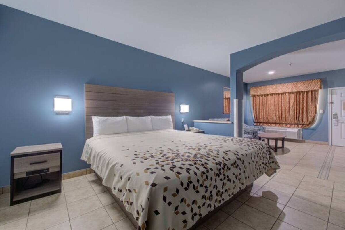 Une chambre d’hôtel comprenant un lit, une table de chevet et une salle de bain avec douche et toilettes.