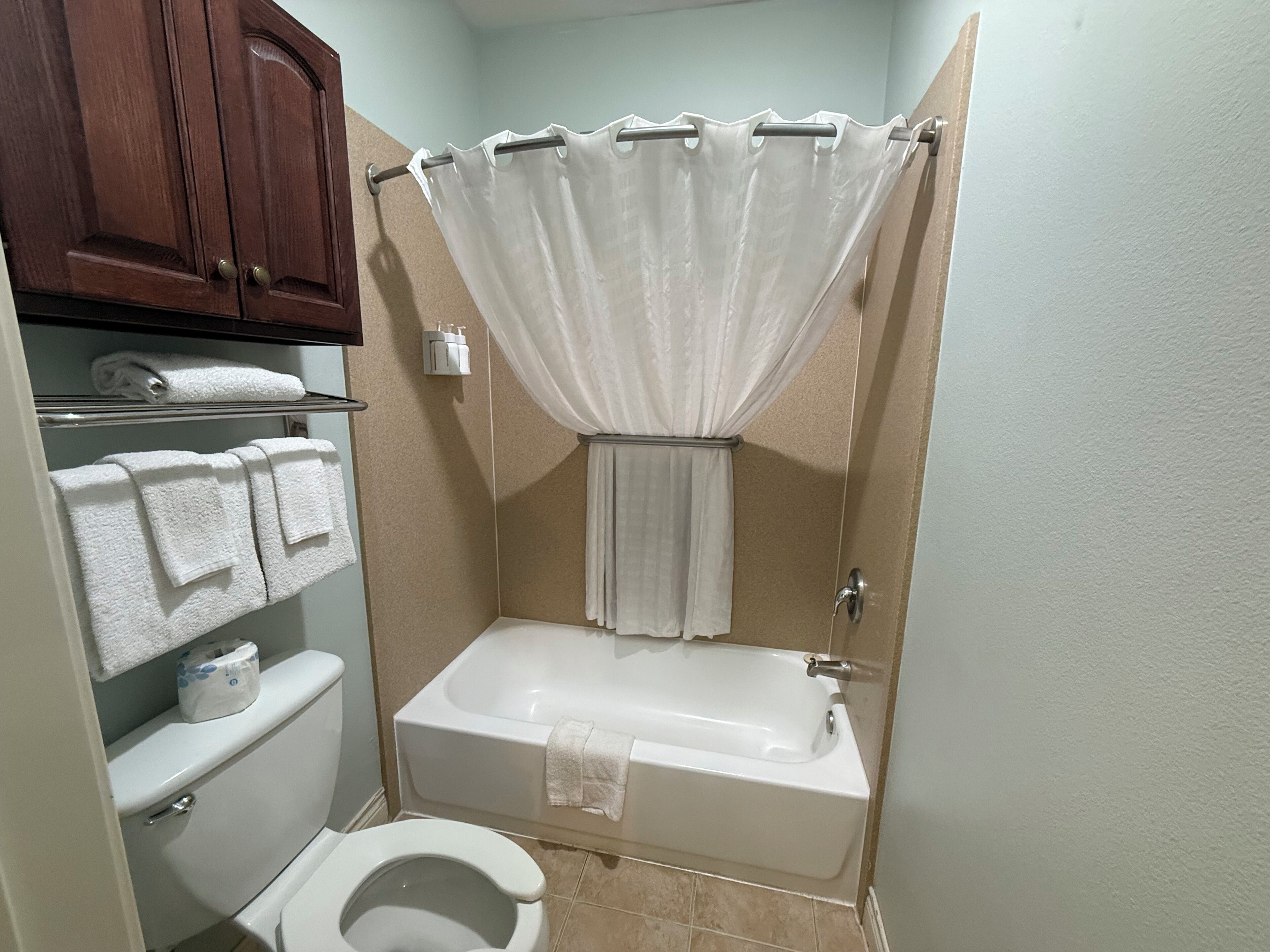 A bathroom with a bathtub, toilet, and a shower curtain.