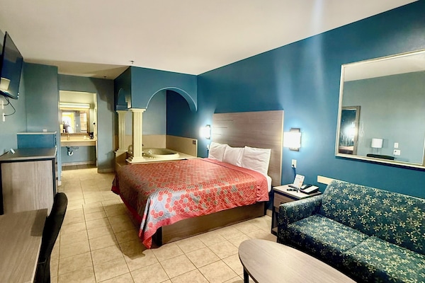 1 bedroom, desk, blackout drapes, iron/ironing board