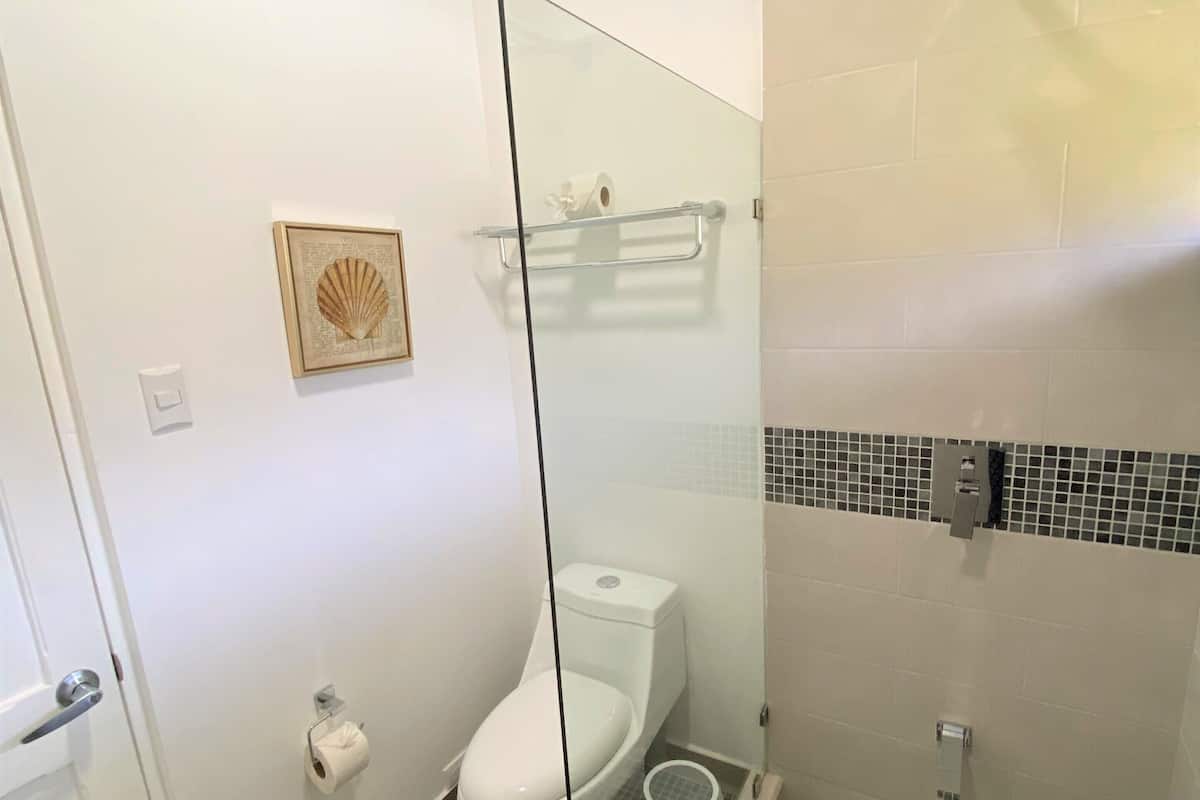 deluxe room, 1 queen bed | bathroom | shower, free toiletries, hair dryer, towels