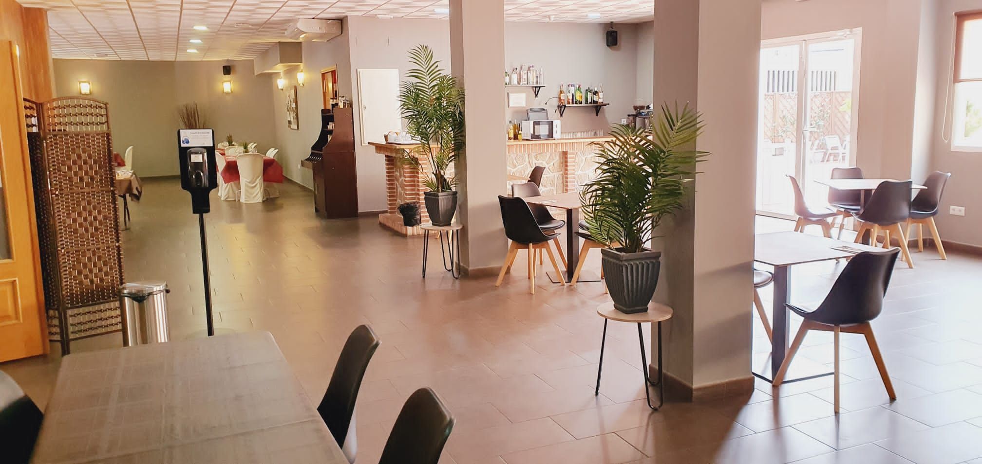 Un grand espace dédié à la salle à manger, avec plusieurs tables et chaises, un piano et des plantes en pot.