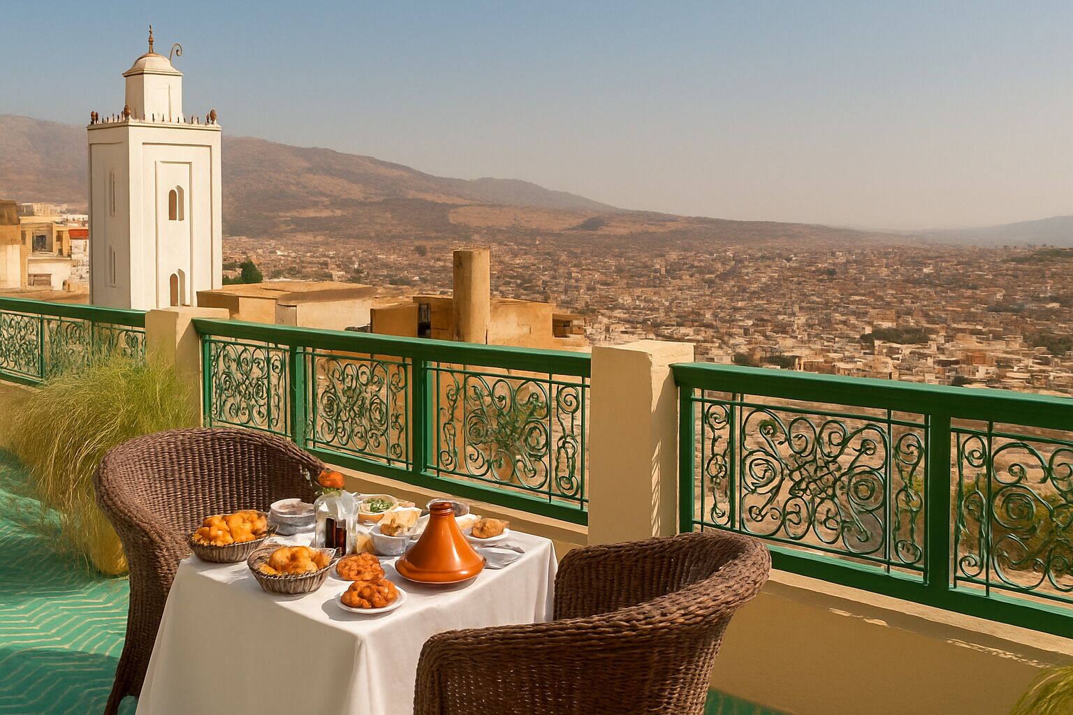Een tafel gedekt met eten en drinken op een balkon met uitzicht op een stadsgezicht, met een opvallende toren op de achtergrond.