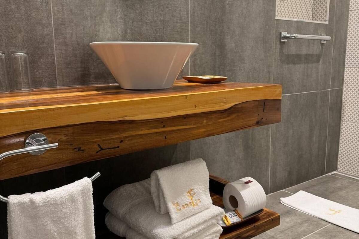 superior double room | bathroom | shower, rainfall showerhead, free toiletries, hair dryer