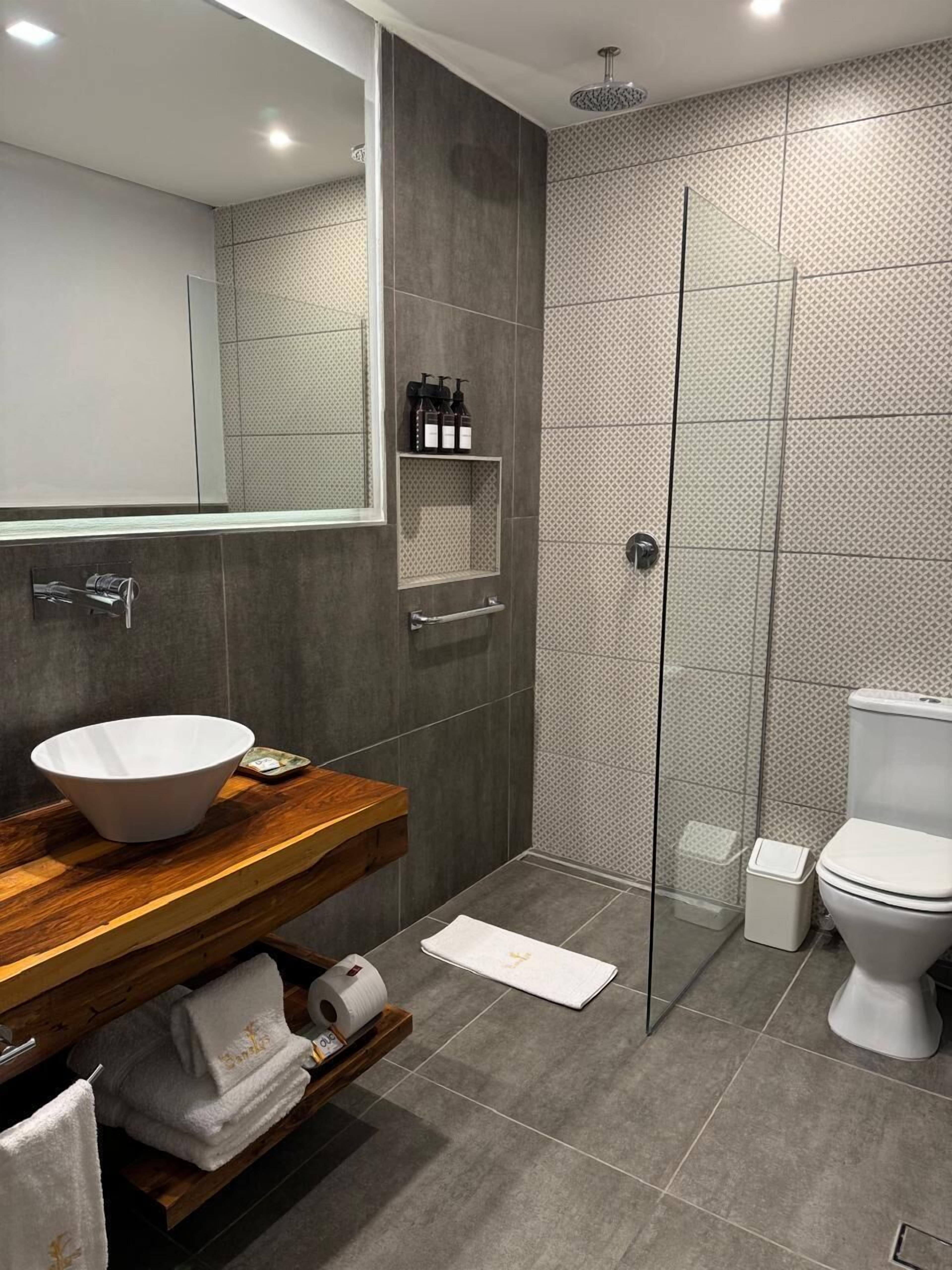 superior double room | bathroom | shower, rainfall showerhead, free toiletries, hair dryer