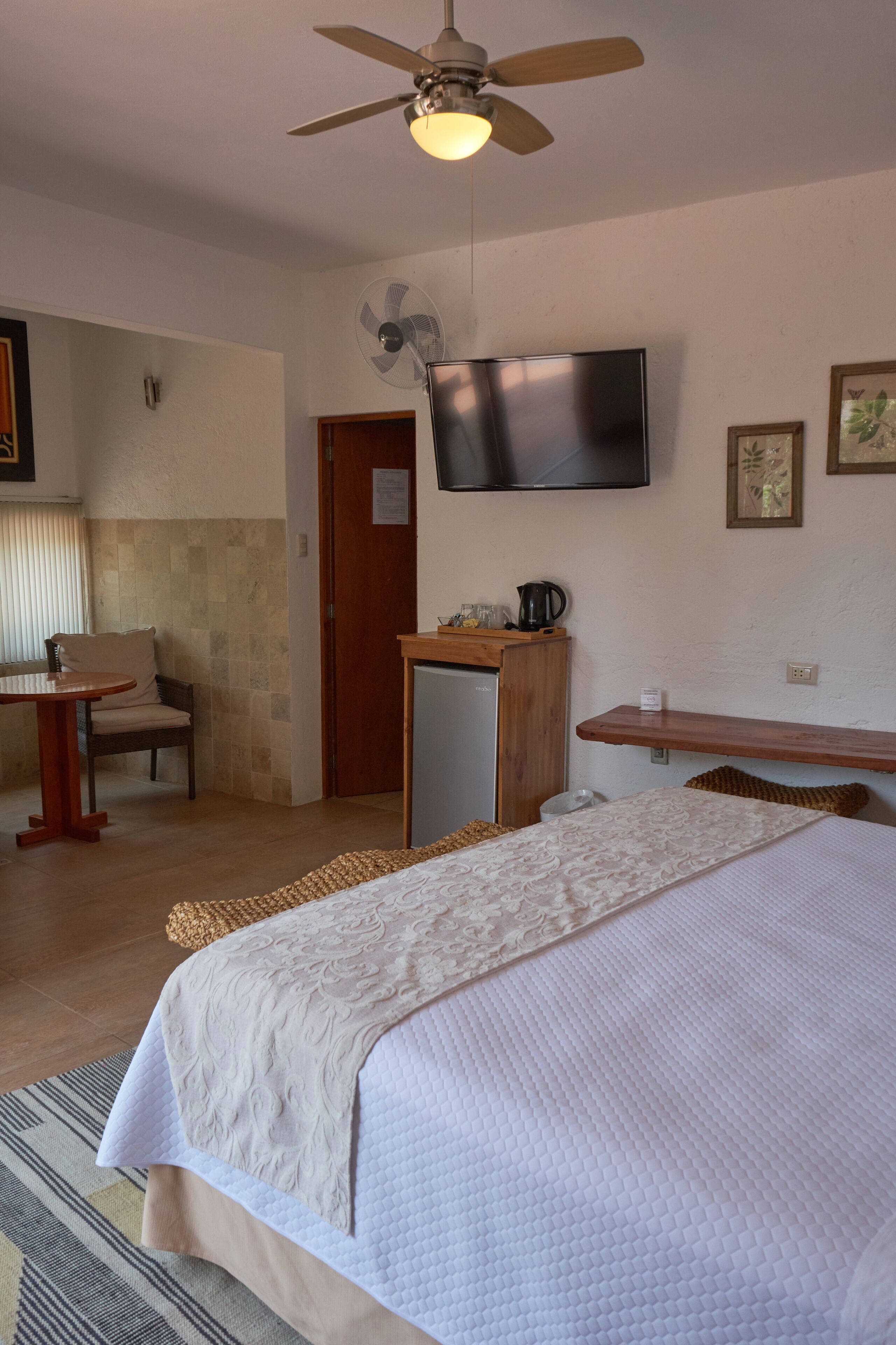 Habitación de hotel con cama, escritorio, silla, televisión y ventilador de techo.