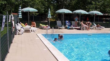 Seasonal outdoor pool, pool umbrellas, pool loungers