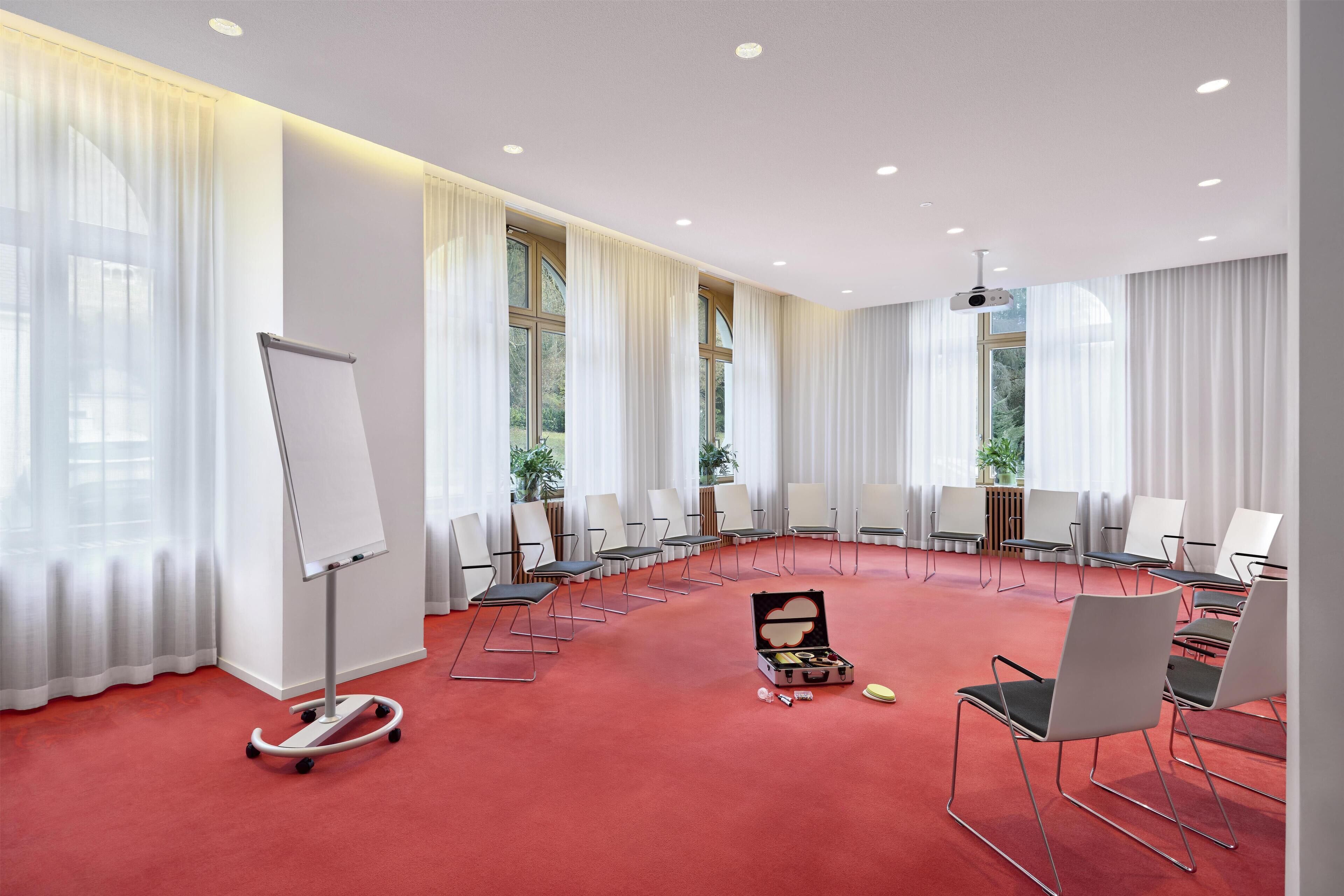 Un salón de conferencias con alfombra roja, una pizarra y múltiples sillas dispuestas en semicírculo.