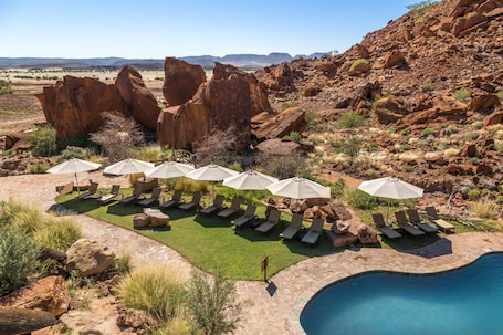 Outdoor pool, pool umbrellas, pool loungers