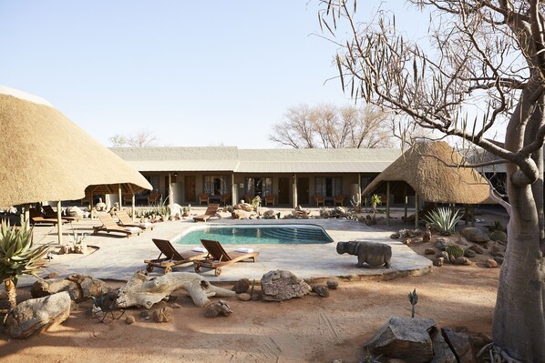 Outdoor pool, pool umbrellas, pool loungers