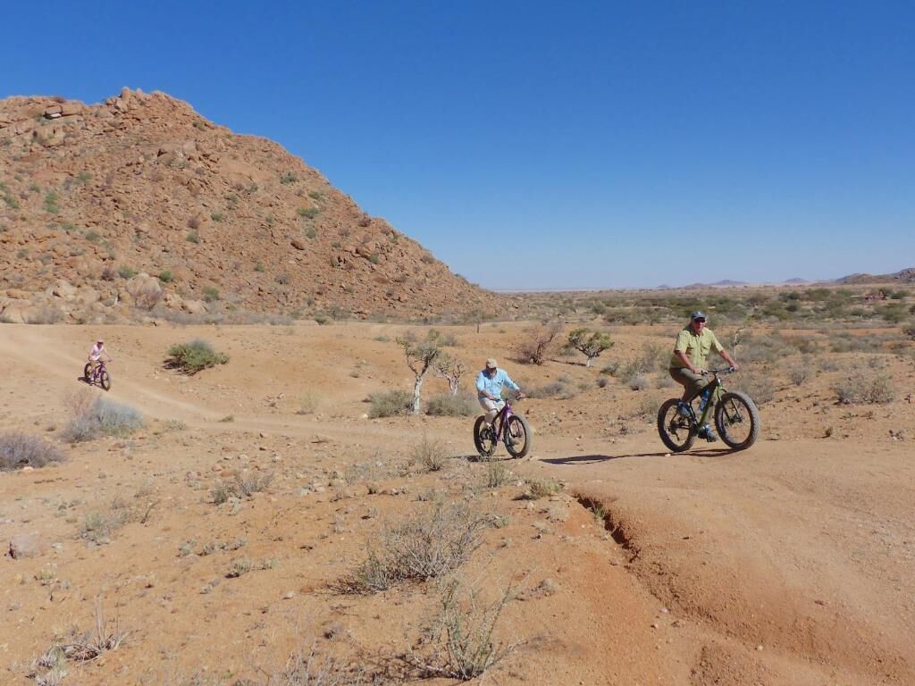A desert landscape with three cyclists on a dirt path.