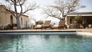 A pool area with lounge chairs and a hippo statue. - Solitaire Lodge (Solitaire)