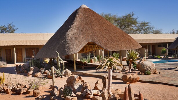 A resort with a thatched-roof structure, desert landscaping, and a pool. - Solitaire Lodge (Solitaire)