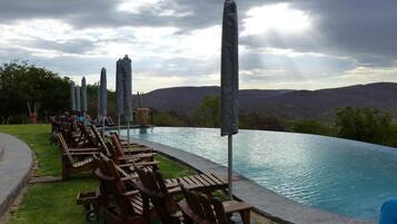 Outdoor pool, pool umbrellas, pool loungers