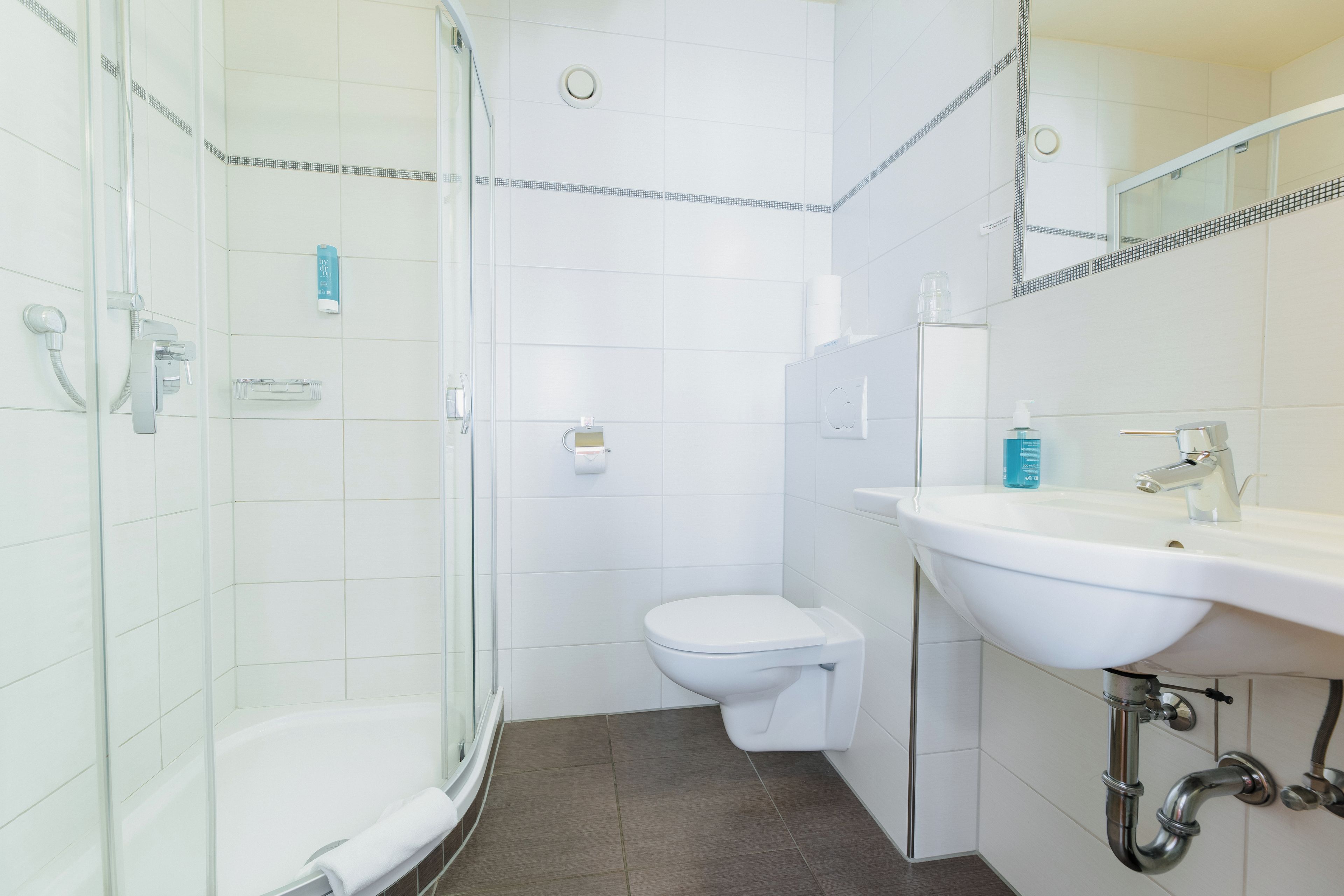 A modern bathroom with a glass-enclosed shower, a white toilet, and a sink with a mirror above it.