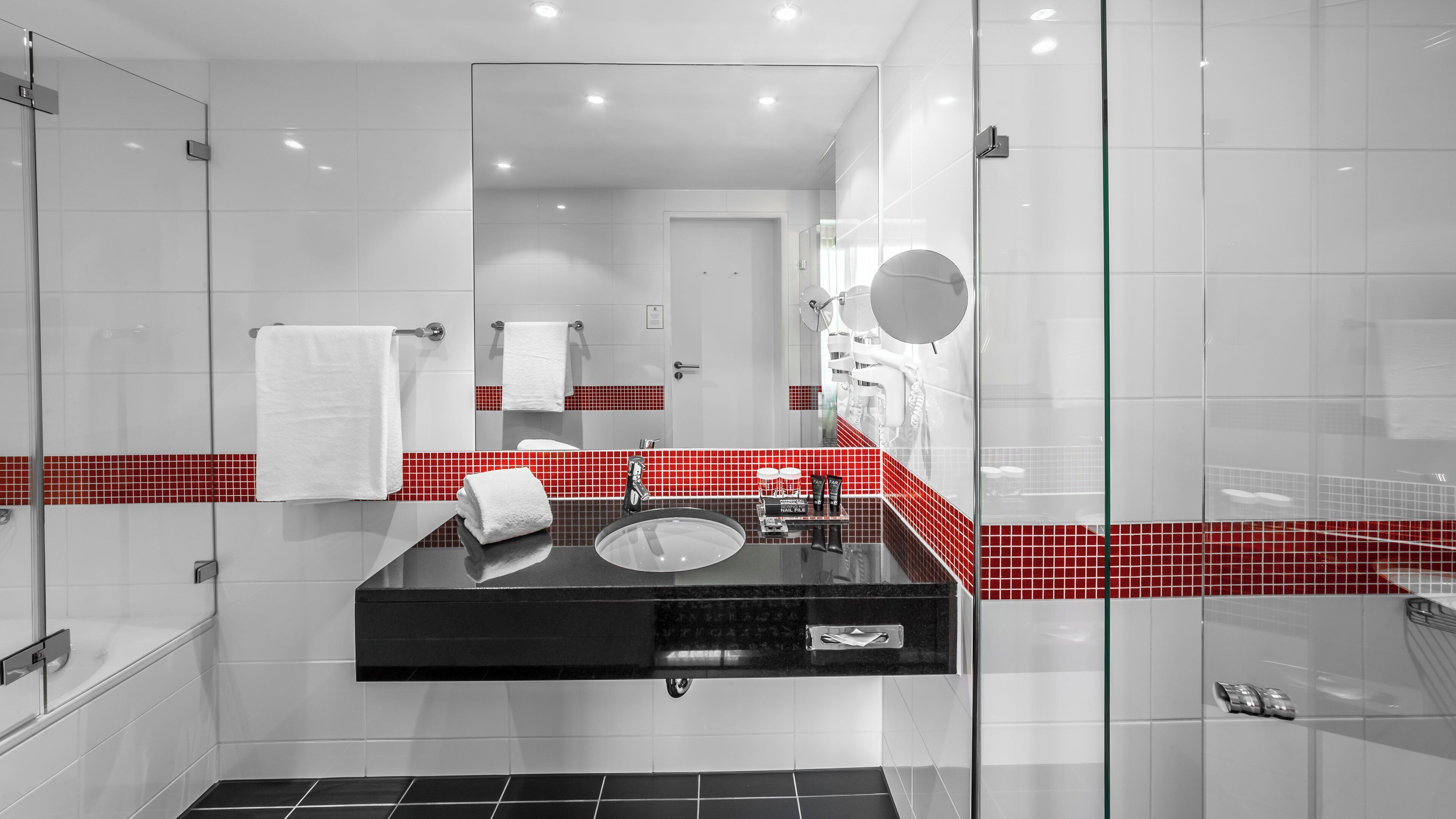 free toiletries, hair dryer, towels