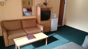 Ein kompakter Wohnraum mit einer Couch, einem kleinen Tisch mit einem Buch, einem Fernseher, einer Mikrowelle und einem Kühlschrank.