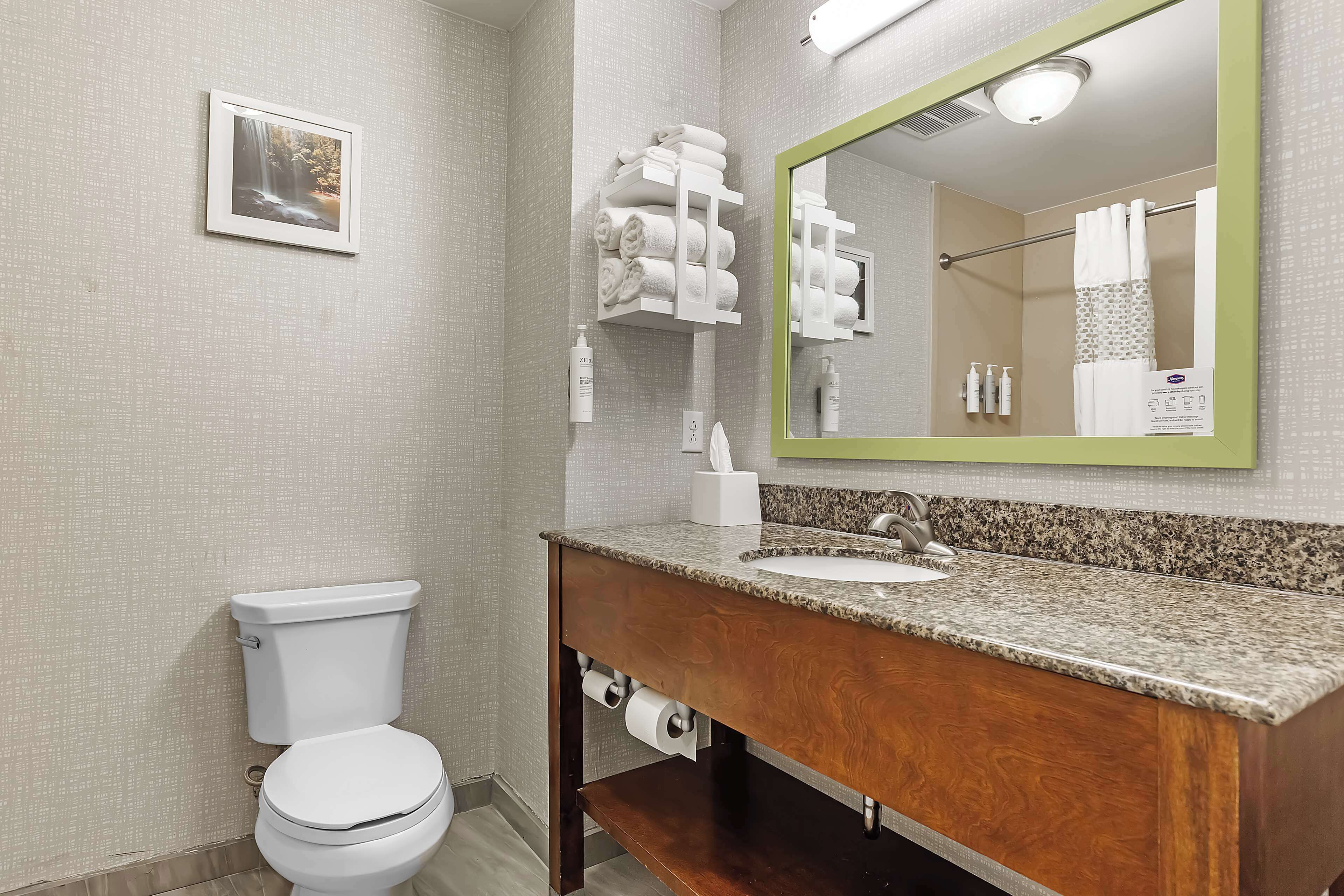 combined shower/bathtub, free toiletries, hair dryer, towels