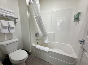 A bathroom with a toilet, a bathtub, and a shower curtain.