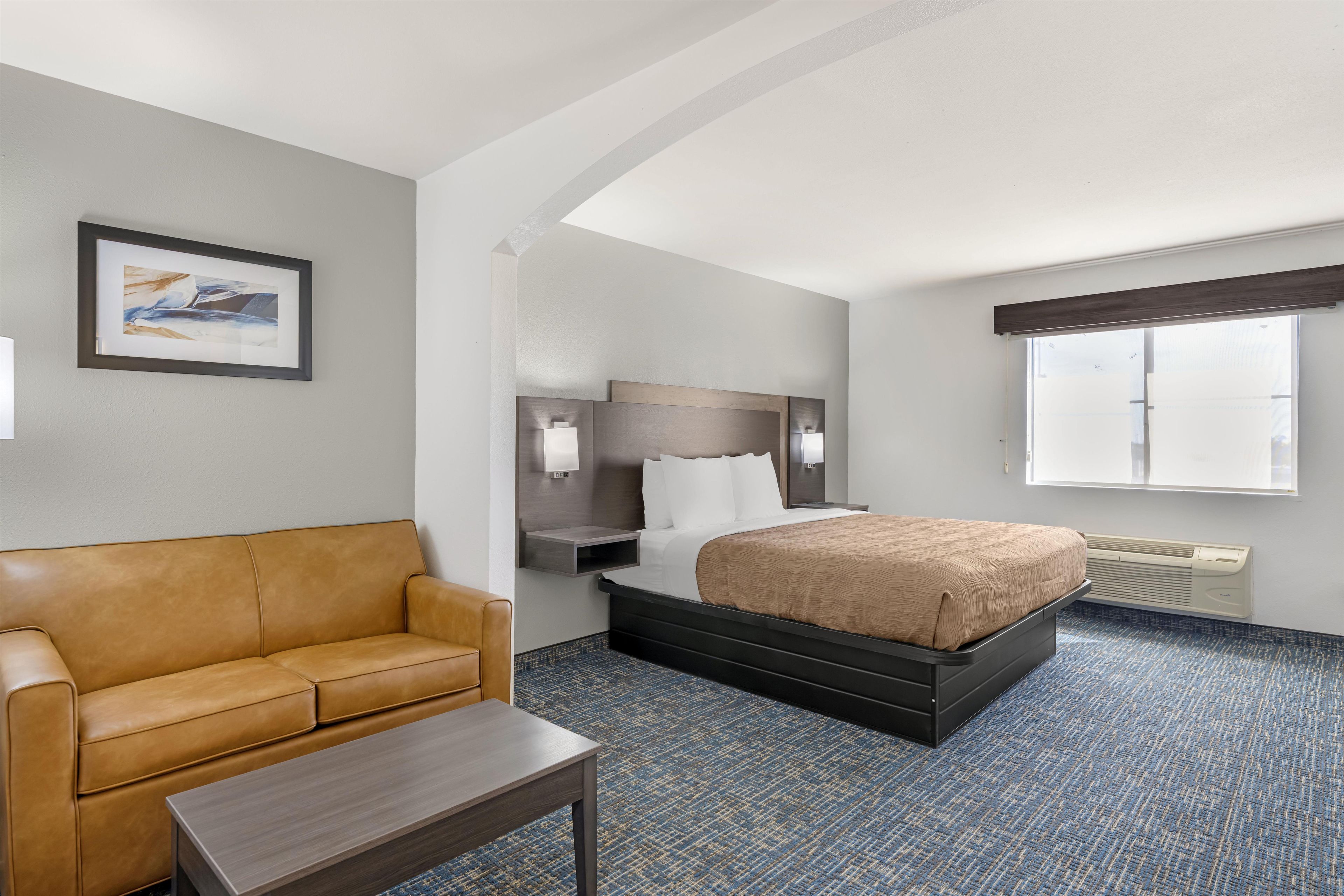 Una habitación de hotel con cama, sofá, mesita de noche, lámpara y ventana.
