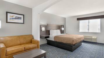 Una habitación de hotel con cama, sofá, mesita de noche, lámpara y ventana.