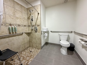 A bathroom with a shower, toilet, grab bars, and a small bench.
