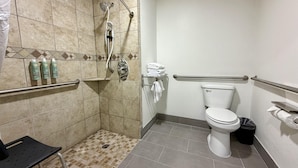 A bathroom with a shower, toilet, grab bars, and a small bench.