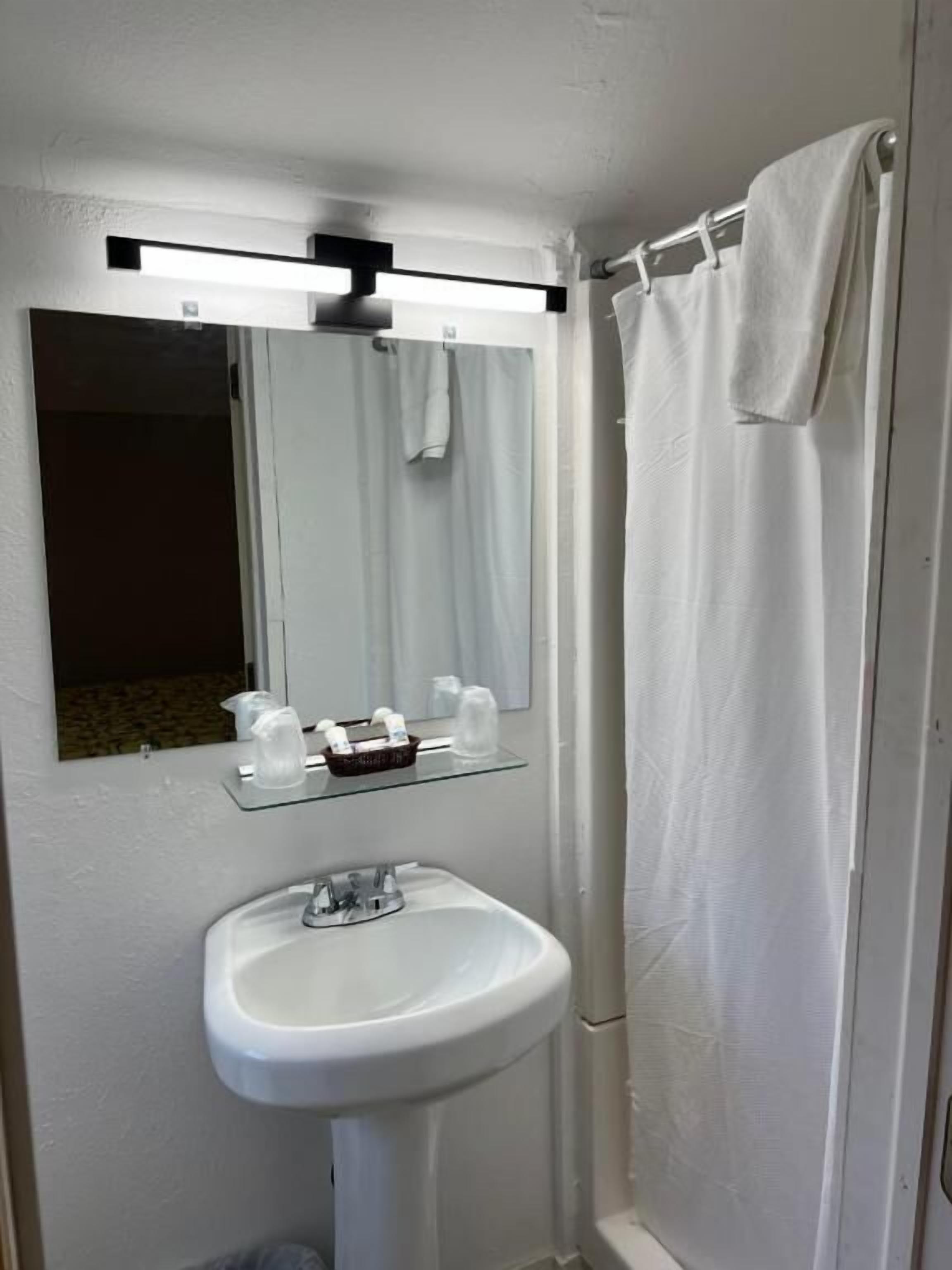 A bathroom with a white sink, a mirror, and a shower curtain.