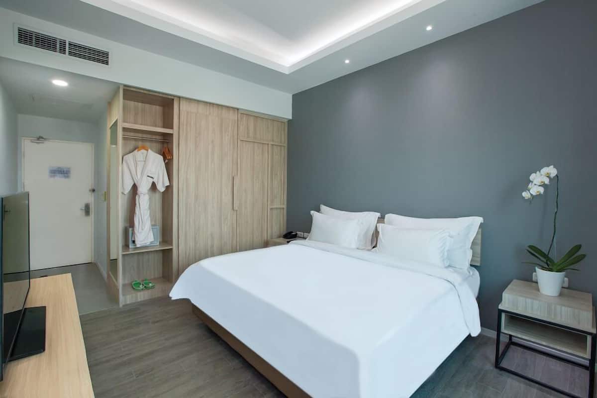 Une chambre d’hôtel moderne avec un grand lit, une armoire, une télévision et une plante en pot.
