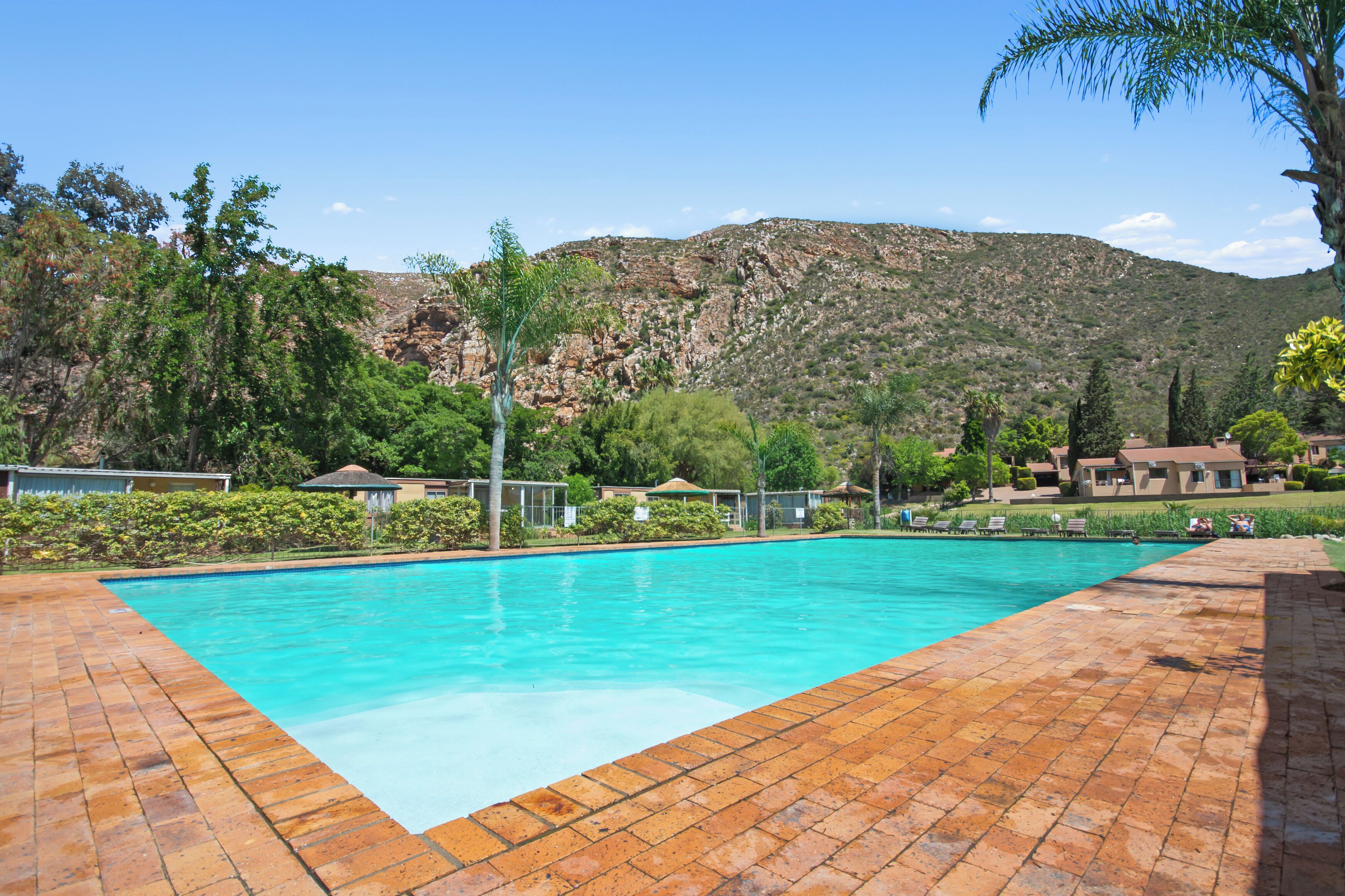 A swimming pool with a brick deck, surrounded by greenery and houses with a mountainous backdrop.