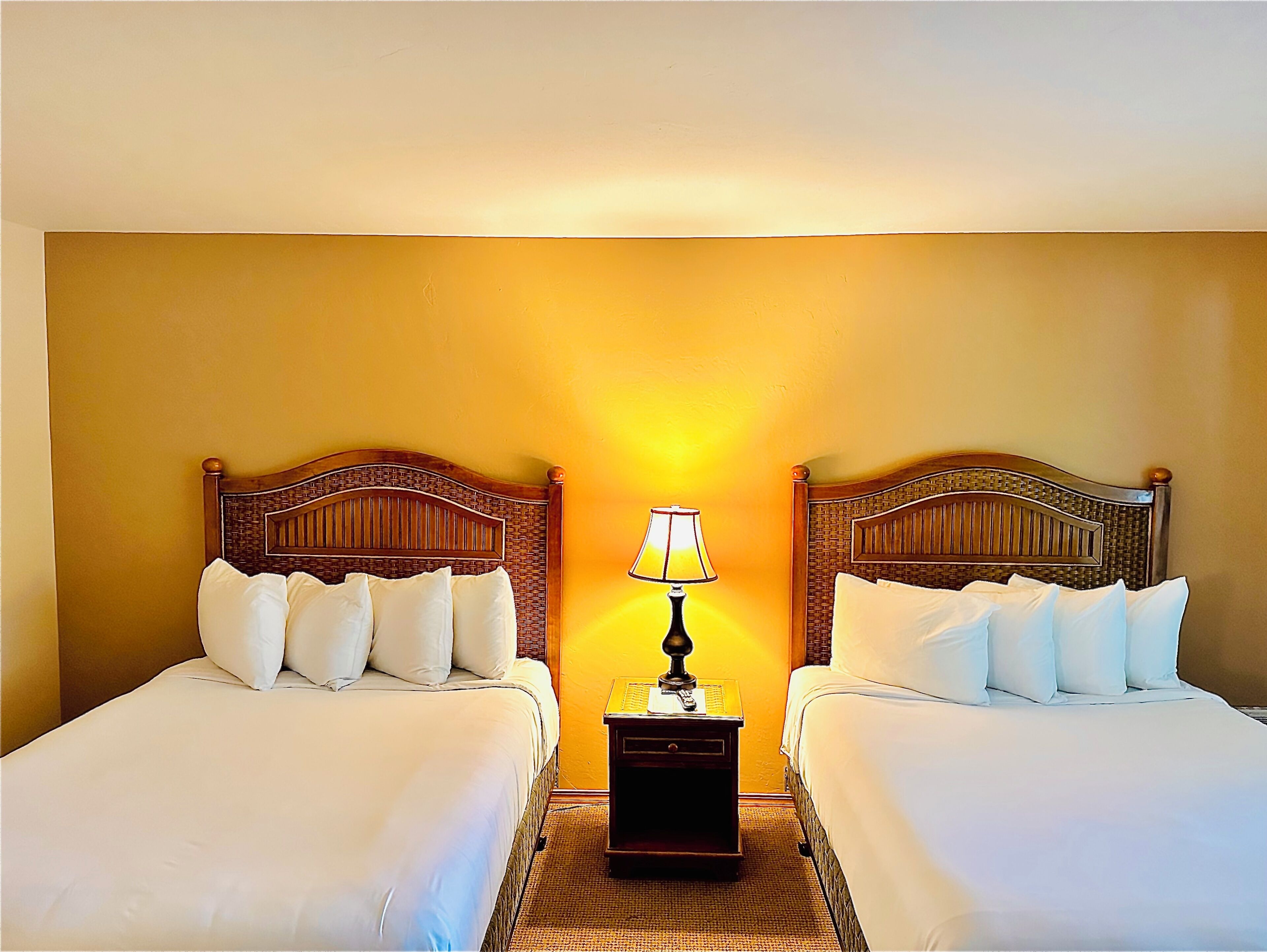 Camera d'albergo con due letti singoli, un comodino con una lampada e una parete gialla semplice.