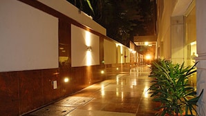 A corridor with a polished floor, potted plants, and wall-mounted lights.