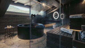 Penthouse with Dolomites view by Henge | バスルーム | バスアメニティ (無料)、ヘアドライヤー、バスローブ、スリッパ