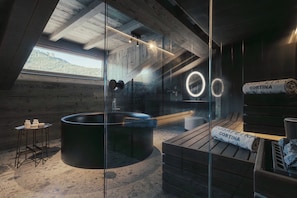Penthouse with Dolomites view by Henge | Bathroom | Free toiletries, hair dryer, bathrobes, slippers - Rosapetra Spa Resort (Cortina d'Ampezzo)