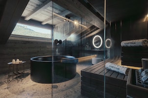 Penthouse with Dolomites view by Henge | Banheiro | Produtos de toalete grátis, secador de cabelo, roupões de banho
