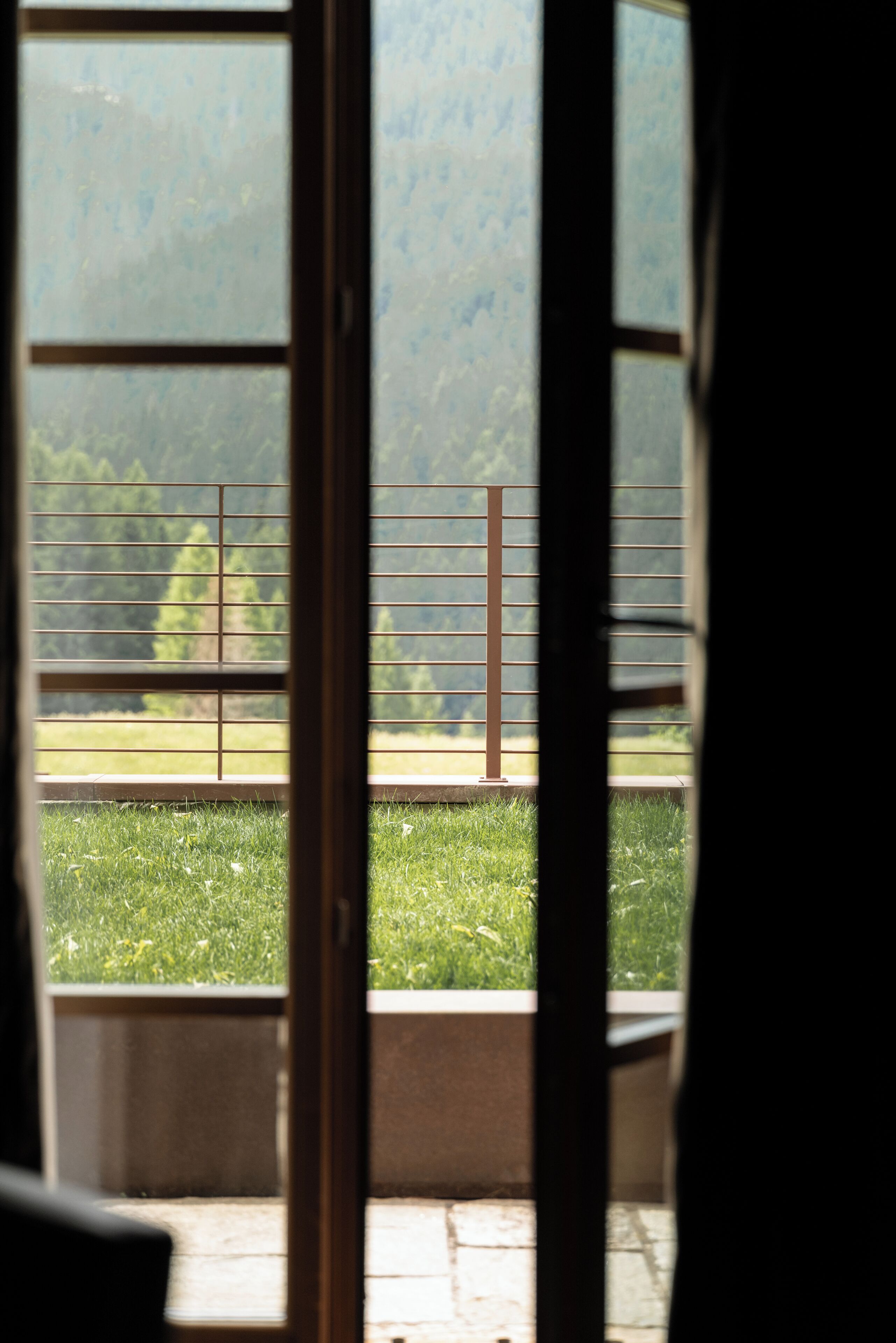 Vista a través de una ventana con barandilla metálica, un área con césped y una montaña al fondo.