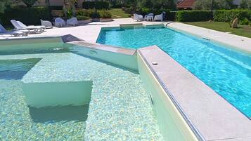 Seasonal outdoor pool, open 9 AM to 7:30 PM, pool umbrellas