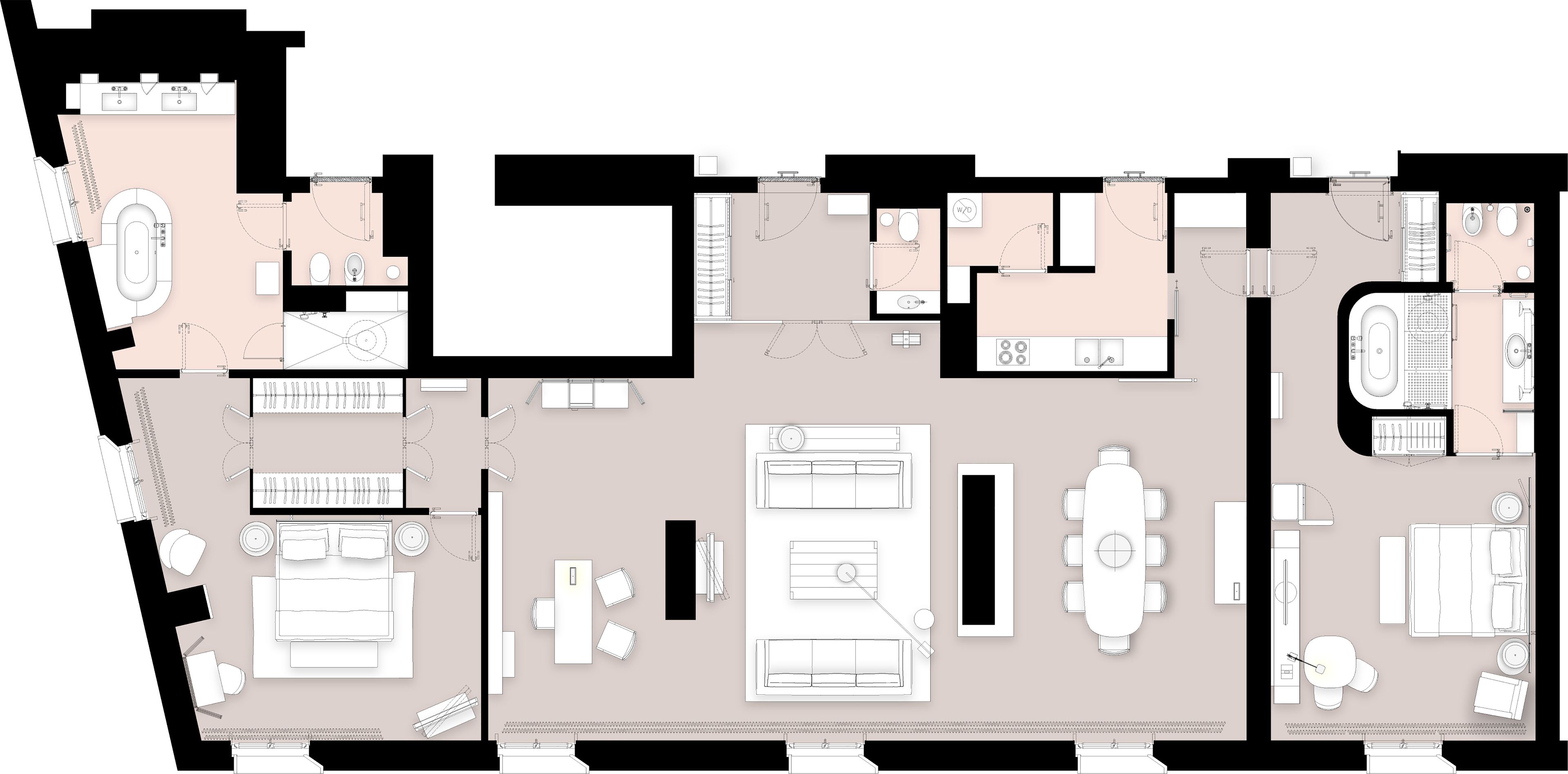 A hotel layout with multiple bedrooms, a kitchen, a dining area, and a bathroom.