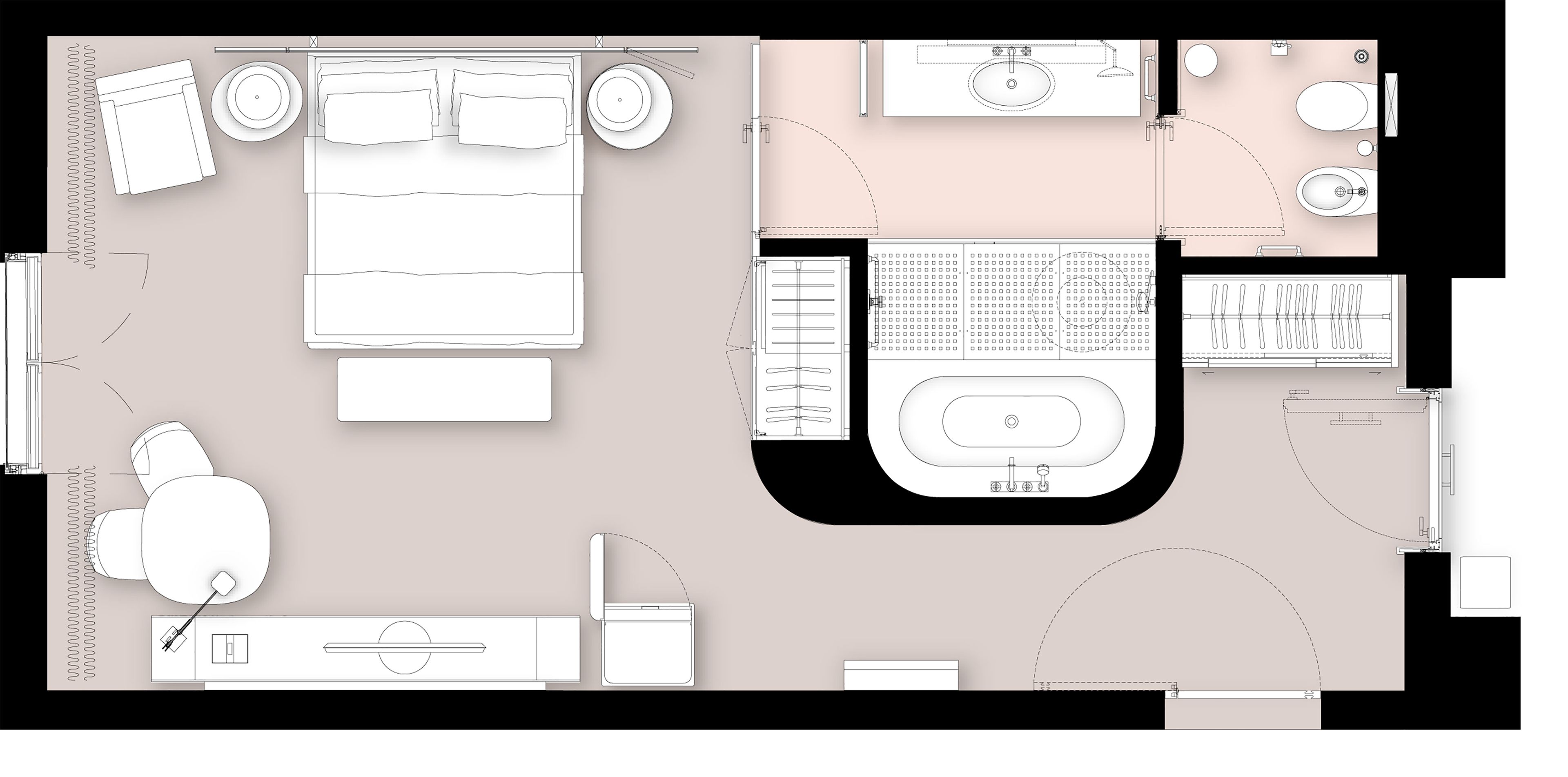 A floor plan of a hotel room with a bed, a desk, a chair, a bathroom with a sink and toilet, and a small balcony.