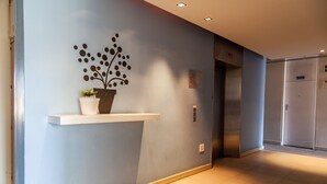 A hallway with a light blue wall, a white shelf with a potted plant, and an elevator with the number 309. - Gardens Centre Holiday Apartments (Cape Town)