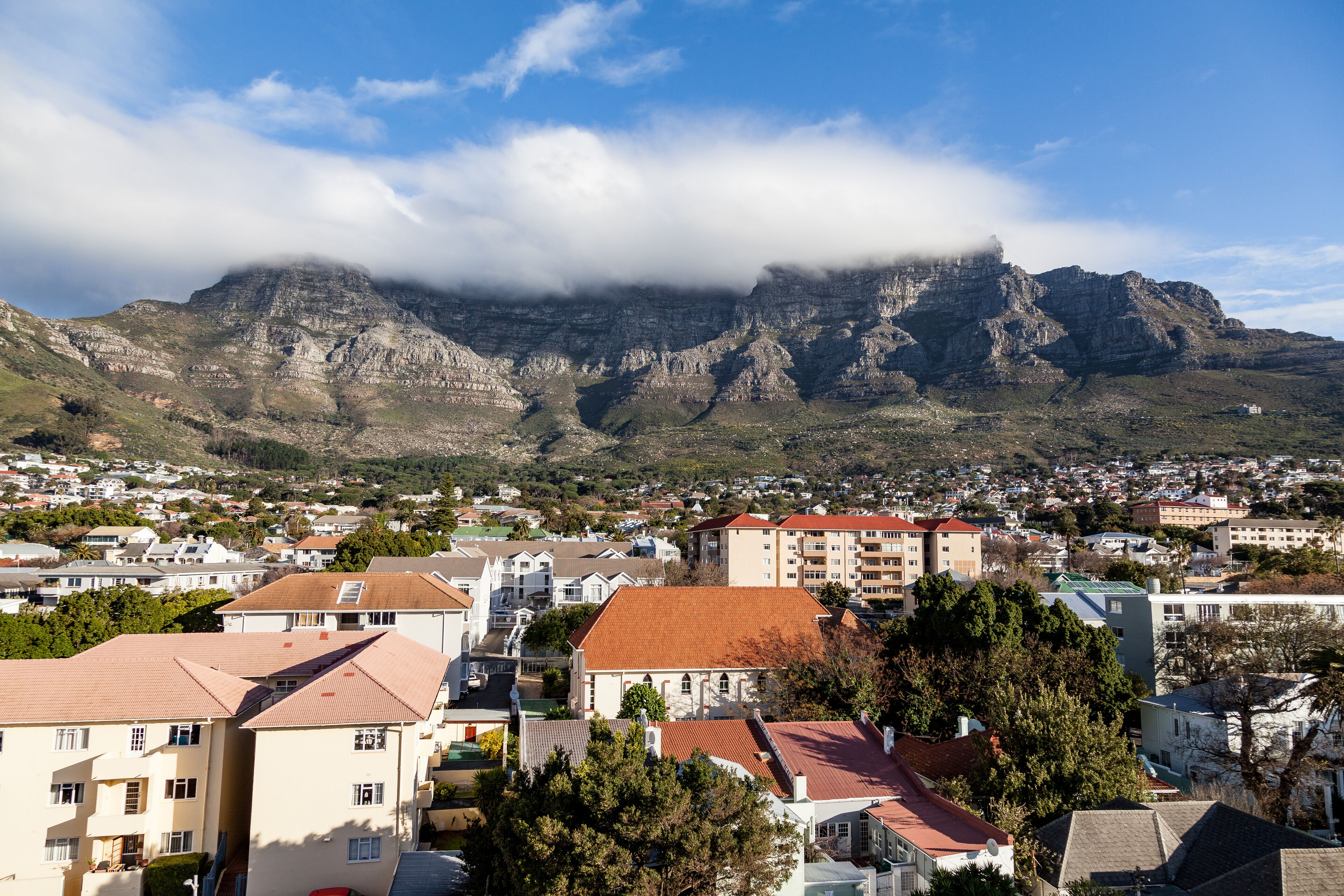 A residential area with buildings and a mountain in the background.