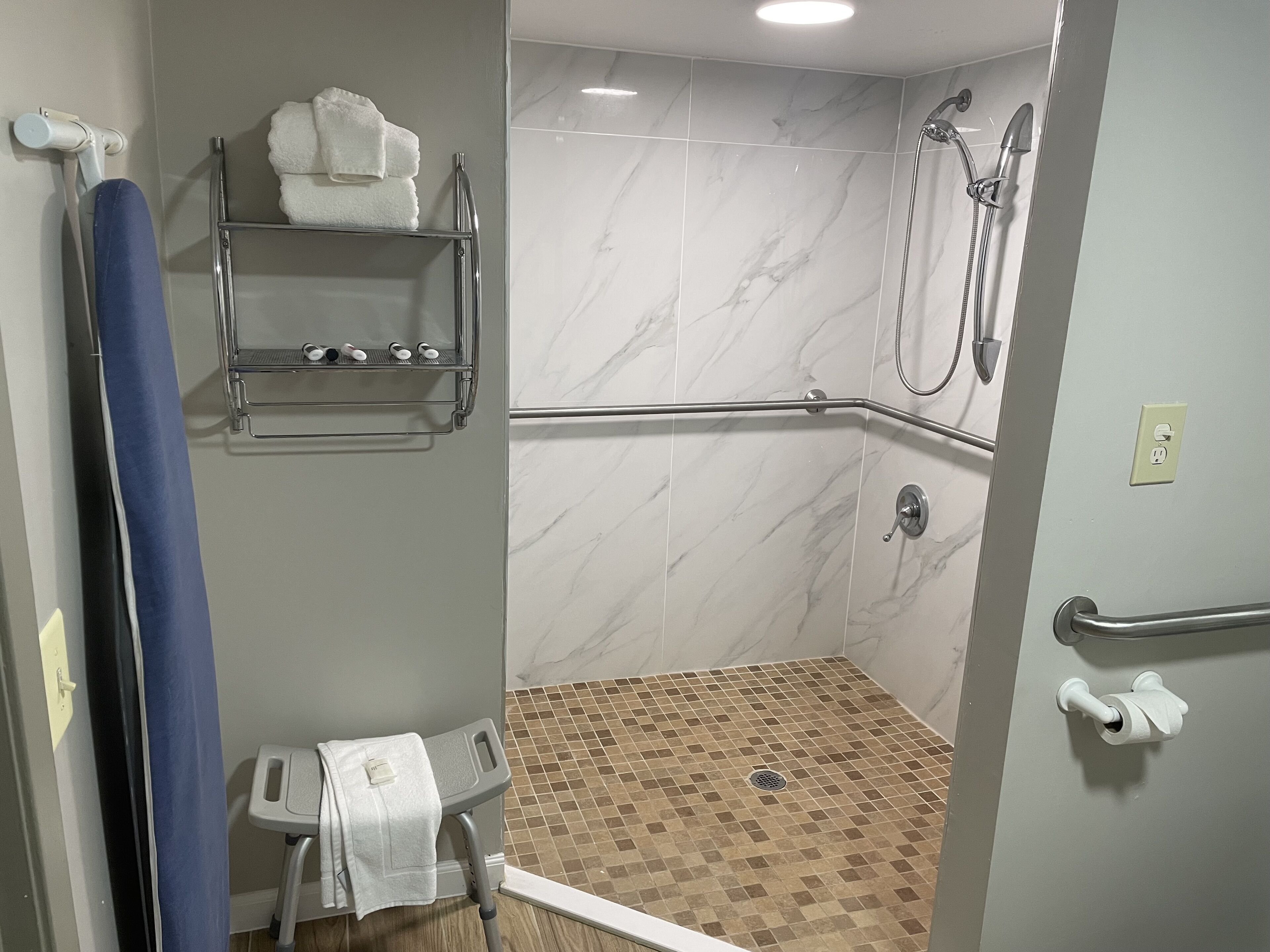 A shower area with a grab bar, a towel rack, and a showerhead.