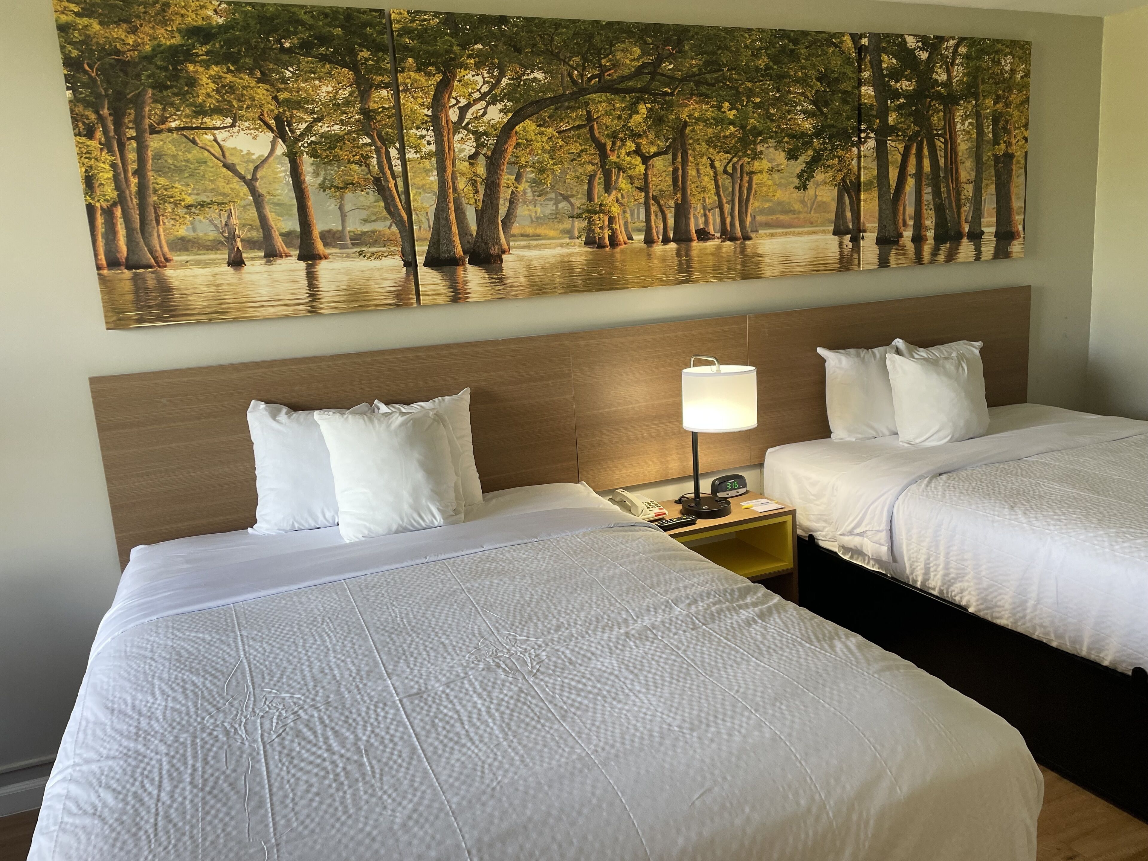 Een hotelkamer met twee bedden, een nachtkastje met een lamp, een klok en een schilderij van bomen aan de muur.