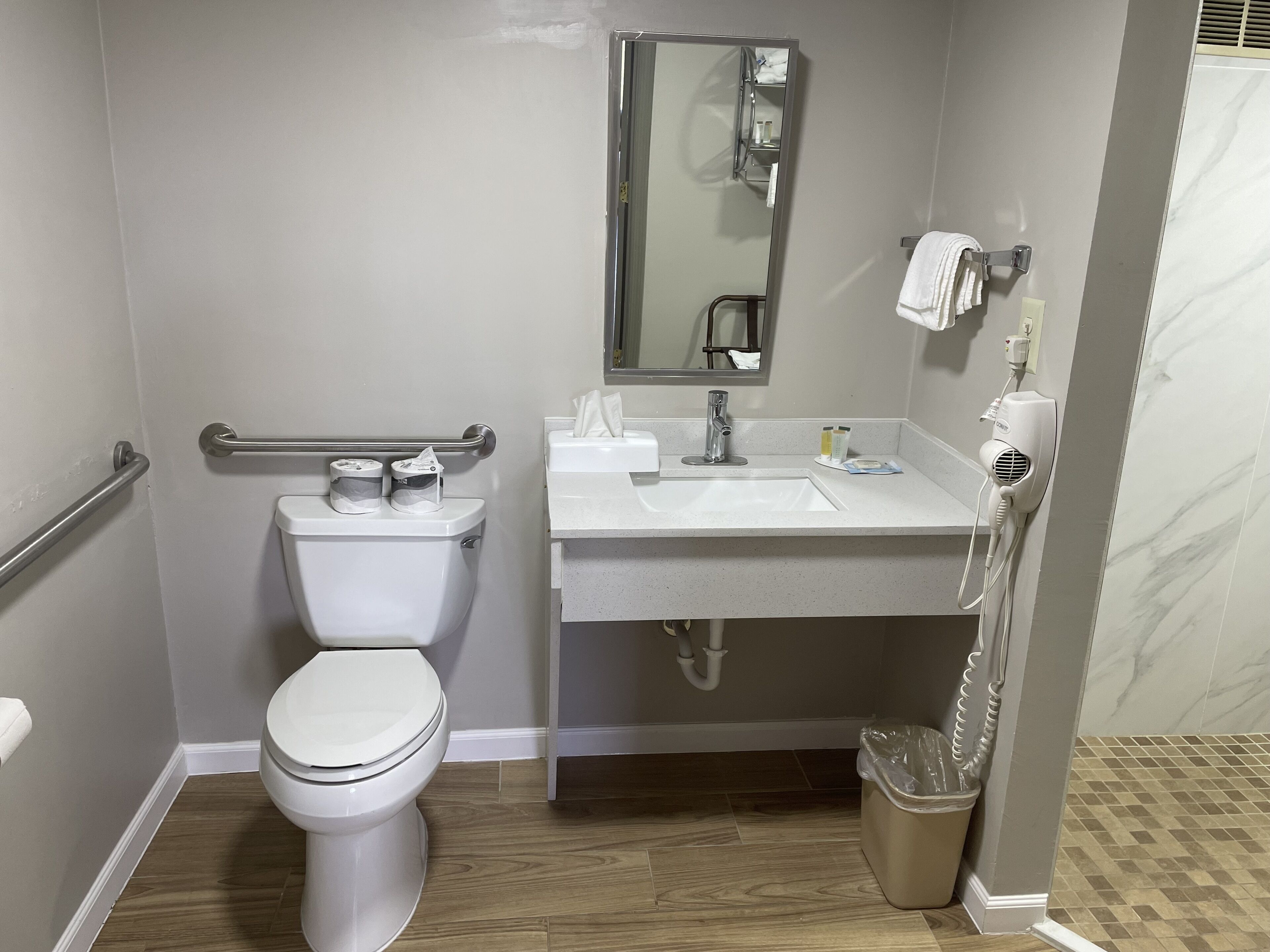 A bathroom with a toilet, sink, mirror, towel rack, and a trash bin.