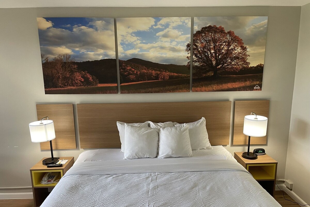 Une chambre d’hôtel avec un grand lit, deux lampes de chevet, une tête de lit en bois et trois tableaux représentant des paysages accrochés au mur.