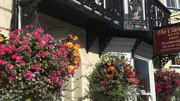 Un edificio con balcón de hierro negro y macetas colgantes de flores.