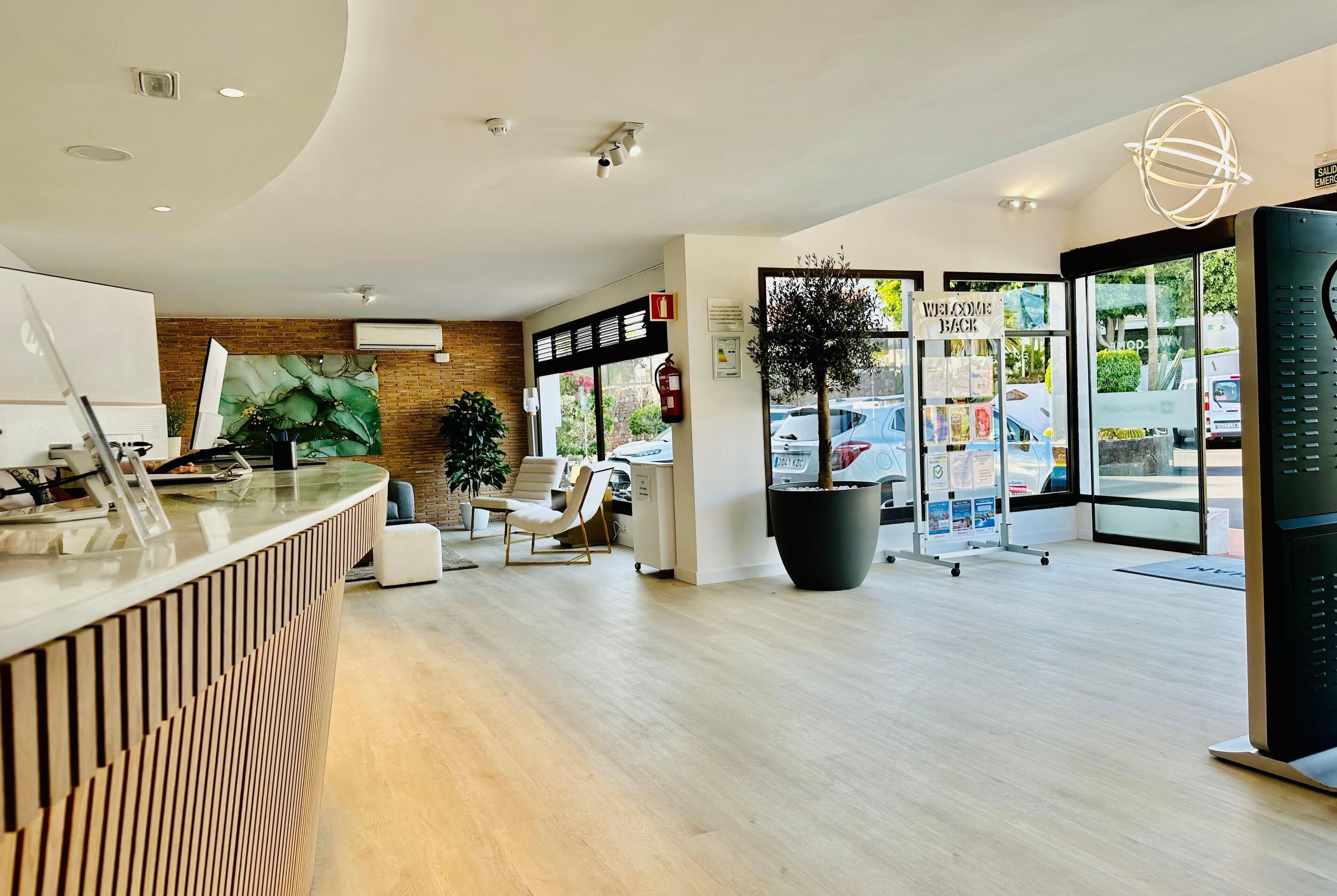 A modern reception area with a wooden reception desk, a large potted plant, and a seating area with a white chair.